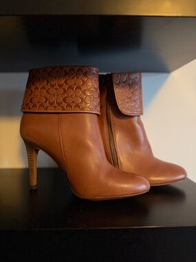 Coach Tan Leather Ankle Booties with Signature Fold-Over Cuff
